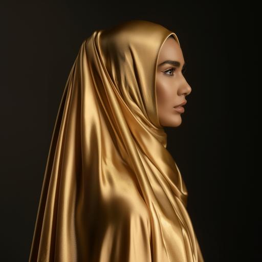 matte gold coloured modern arabic silk garment, beautiful arabic woman, dark background, luxury fashion, simple, 4k, photorealistic, high detailed --v 6.0 --style raw