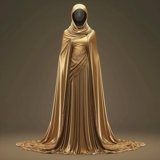 matte gold coloured modern arabic silk garment, full body, arabic women, luxury fashion, simple, 4k, photorealistic, high detailed --v 6.0 --style raw
