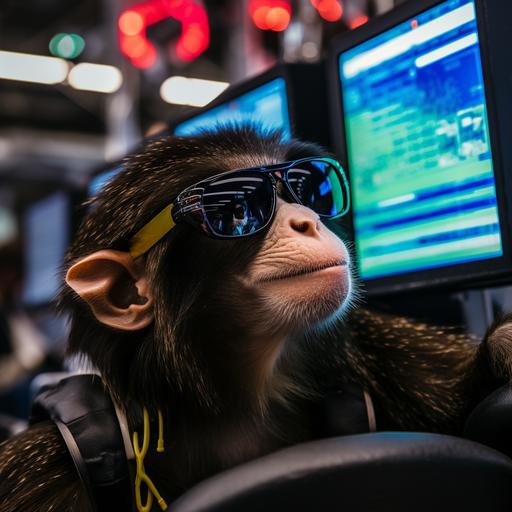 A monkey with sunglasses at the NYSE. The reflection in the sunglasses contains computer code and stock charts.