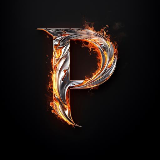 logo silver métal letter P burning, black background