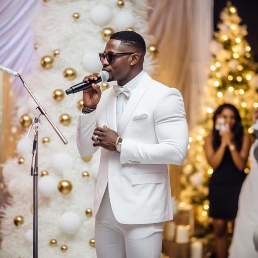 mc at an all white jazz christmas party in lagos Nigeria. MC is wearing an all white tuxedo. Decor is white and gold