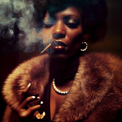 close up of African woman, in fur coat, smoking slim cigarette inside nightclub 1972, very detailed face, very detailed coat, Hasselblad 500cm photo by Terry O'neil --q 2 --v 4 --upbeta