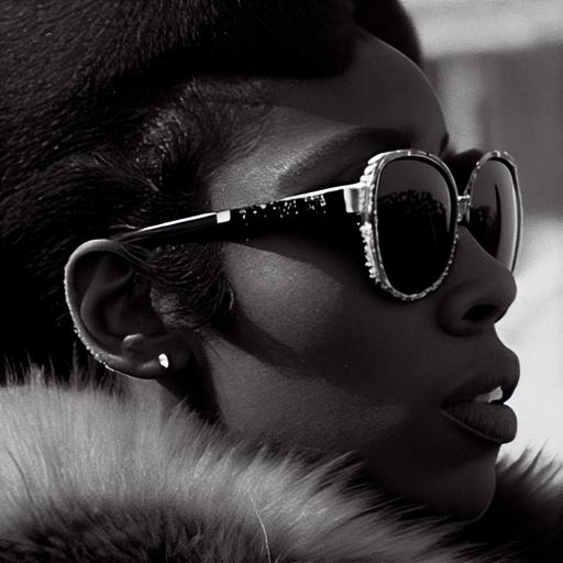 close up of African woman, in sunglasses, wearing fur coat, smoking a slim cigarette, in Jean Luc Godard film, 1965, very detailed face, very detailed sunglasses, Praktica Super TL --q 2 --v 4 --upbeta