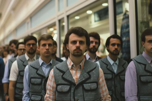 It's vest season and everyone shopping in a crowded mall is wearing one. 35mm --ar 3:2