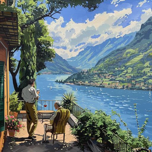 me drinking my wine looking at como lake from the terrace of a cottage located on a green cliff with a view of the lake and the mountains around it in a sunny summer day. Next to me is marlon brando and we are discussing business as if it is the godfather movie