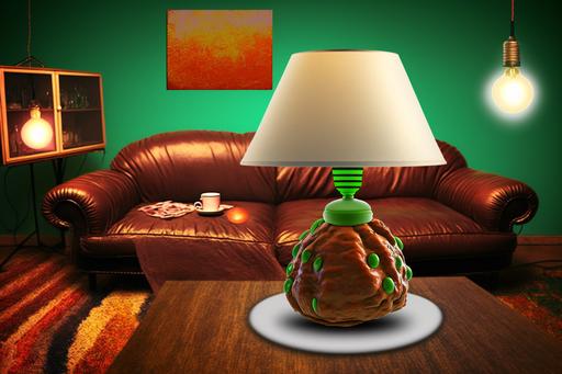 meatball lava lamp, Stoner den basement, single green incandescent lightbulb for illumination, trite psychedelic music posters in background, Brown carpet, old brown blemished couches arranged in a loose semicircle --ar 3:2 --no stairs