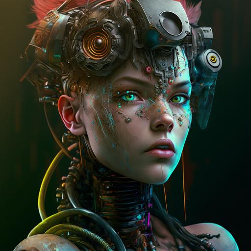 mecanico delgado arreglando conectores en la cabeza de una mujer cyborg, mischief. laboratorio cyberpunk. colorful. high quality, hyper definition, ultra details. 8k textures --v 4