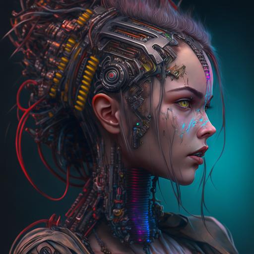 mecanico delgado arreglando conectores en la cabeza de una mujer cyborg, mischief. laboratorio cyberpunk. colorful. high quality, hyper definition, ultra details. 8k textures --v 4