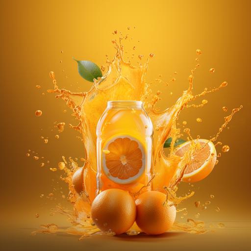 orange juice bottle with big splash of juice around