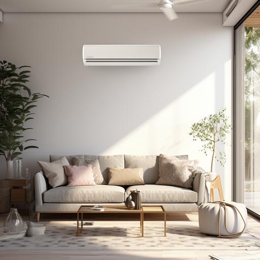 ultra realistic photography of on wall air condition that is cooling down luxury living room. furniture should be in beige tones, floor in wood and white walls. photos should be in aspect ratio 16:9