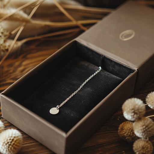 A delicate silver bracelet packed in a luxurious and designed gift box.