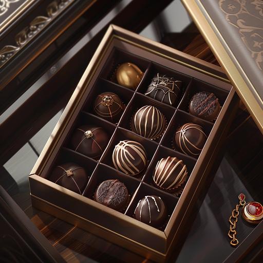 Bracelet packed in a luxurious and designed gift box. Placed on a beautiful tray and on the tray are decorated chocolates and pralines Modern photorealistic style.