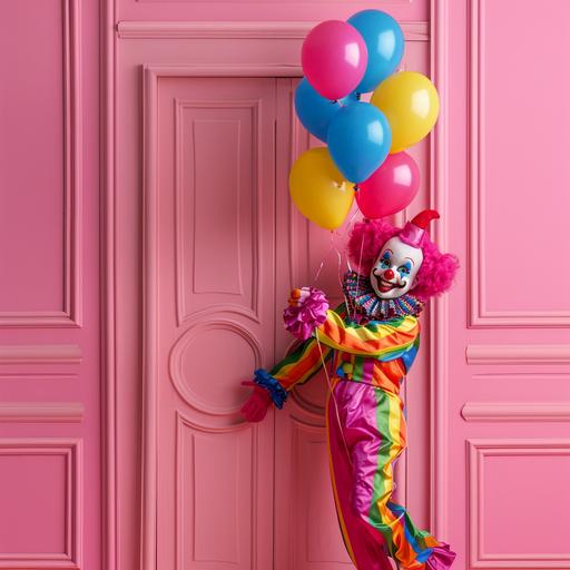 Clown doll holding balloons, entering through the door, happy and childish smiling clown. The background is pink
