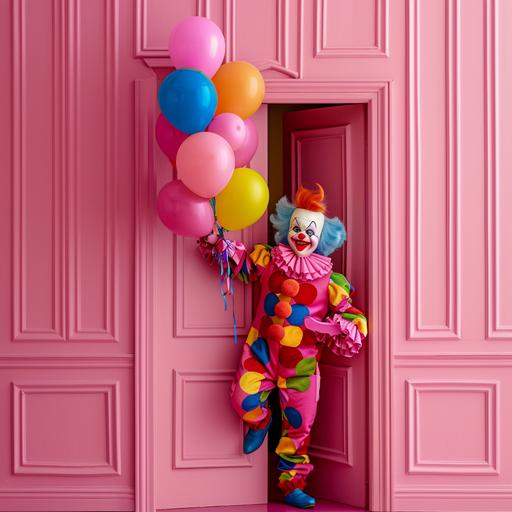 Clown doll holding balloons, entering through the door, happy and childish smiling clown. The background is pink