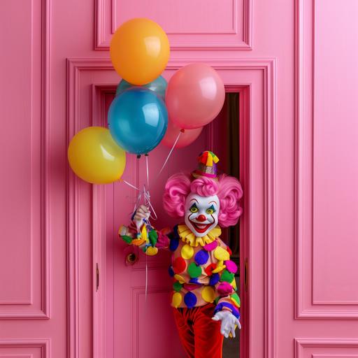 Clown doll holding balloons, entering through the door, happy and childish smiling clown. The background is pink --v 6.0