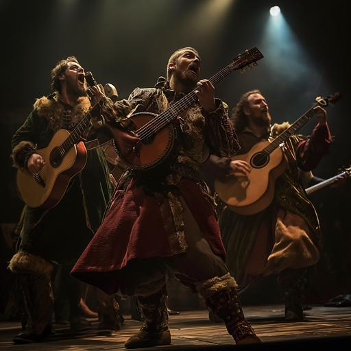 medieval bards dressed in traditional period garments rocking out on a stage, bass guitars abd drums blended with lutes and lyres, admist a high-energy rock concert, dynamic poses, enthusiastic crowd , medieval grunge --v 6.0