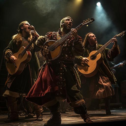 medieval bards dressed in traditional period garments rocking out on a stage, bass guitars abd drums blended with lutes and lyres, admist a high-energy rock concert, dynamic poses, enthusiastic crowd , medieval grunge --v 6.0