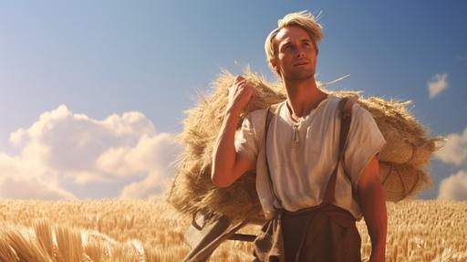 medieval blonde man carrying a block of hay on his shoulder on wheat field, other farmers are harvesting and putting hay on a cart, sunny day, medieval farm village, countryside, cinematic, movie scene, realistic drawing, --ar 16:9