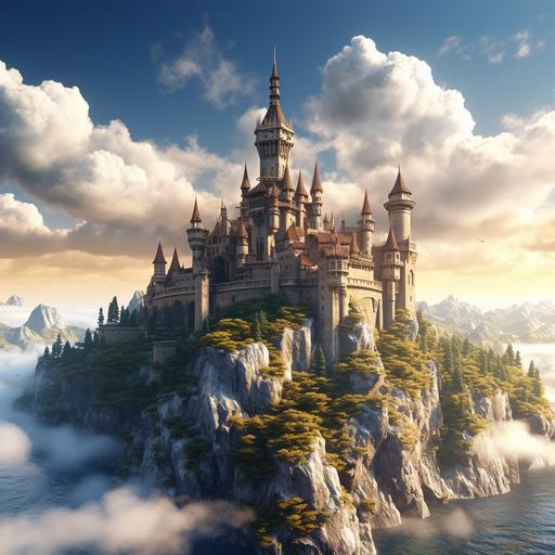 medieval castles in the clouds. Ultra realistic. 4k, hd, sunlight stone castle, age of empires cover art