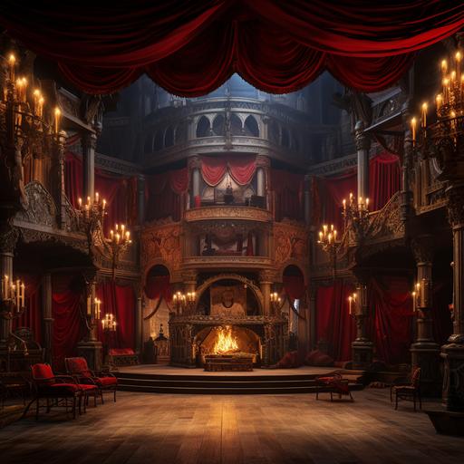 medieval fantasy theatre with red curtains, desert theme, flames decor, snack cart off to the side, regal, very fancy, lights, upscale theatre, large stage, no people