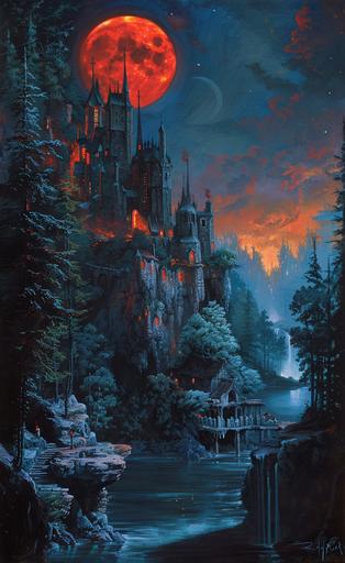 medieval hamlet in a forest, red moon, at night, lake. Drawn with oil painting, john howe, dark fantasy, detailed --ar 500:809 --v 6.0