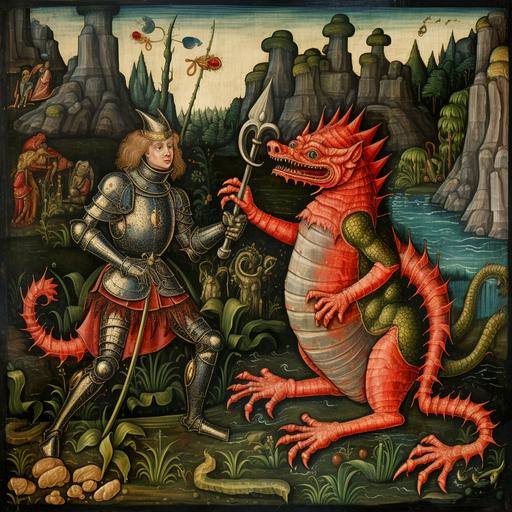 medieval painting of a knight fighting a dragon-frog chimera