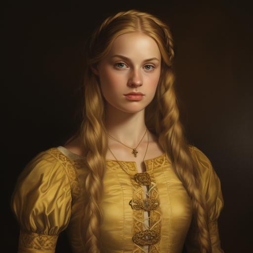medieval portrait of a young noblewoman with neat plaited sandy blonde hair, hazel eyes, wearing a yellow gown