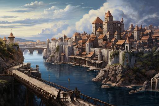 medieval village built on top of a bridge, brigde crossing the sea, painting --ar 3:2