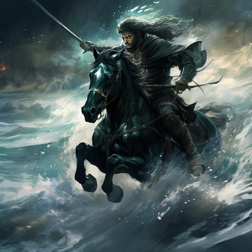 medieval warrior riding his horse, charging into battle, coming out of the waves of the sea, dark fantasy, fan art