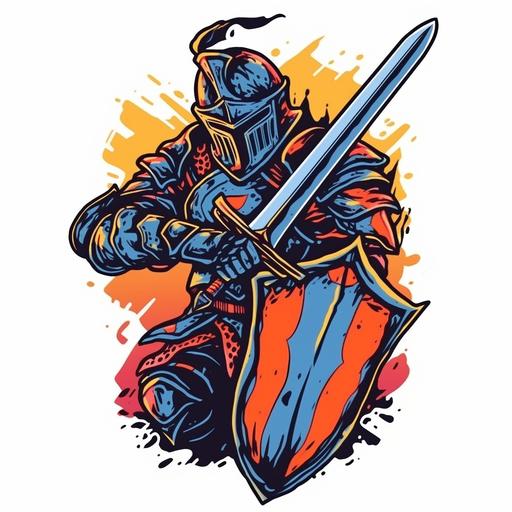 medievial knight in full armor with sword, dynamic combat pose, isolated on white background, t-shirt design vector contour --niji