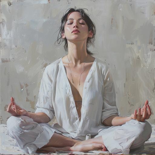 meditating, quiet atmosphere, raised hair, white neat clothes, comfortable expression, mouth up, Women--ar 9:11