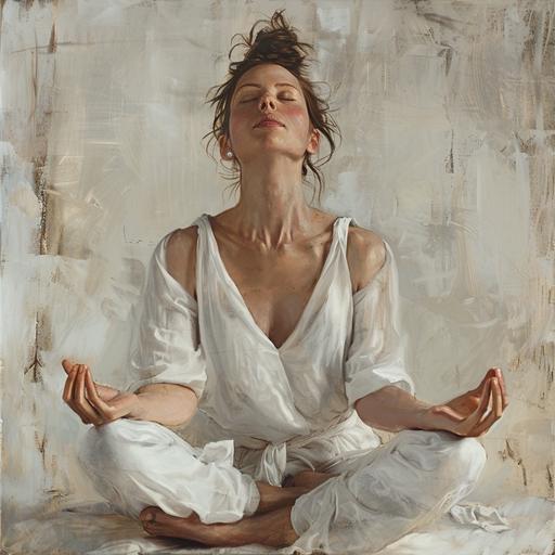 meditating, quiet atmosphere, raised hair, white neat clothes, comfortable expression, mouth up--ar 9:11