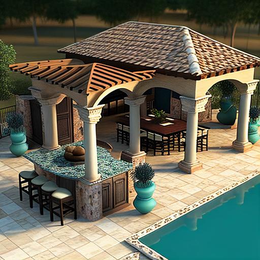 mediteranean style pool deck with gazebo and dining table, kitchen and barbeque, rectangular covered