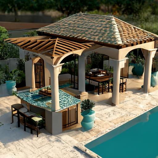 mediteranean style pool deck with gazebo and dining table, kitchen and barbeque, rectangular covered