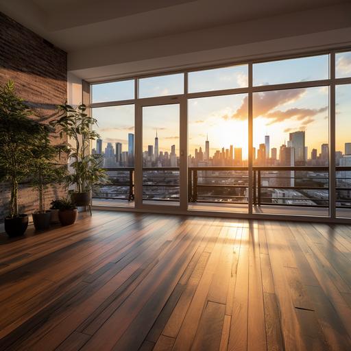 medium format, ultra wide angle, high resolution, ultra realistic photo of a large sky rise loft at sunset, with the new york city sky line in the background. Cinematic and moody, Real life like, highly detailed ultra sharp resolution. Shot on mamiya medium format. Floor plant. Appropriate lighting. Hardwood floors. Sunset lighting.