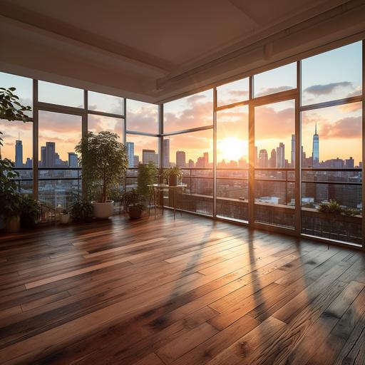 medium format, ultra wide angle, high resolution, ultra realistic photo of a large sky rise loft at sunset, with the new york city sky line in the background. Cinematic and moody, Real life like, highly detailed ultra sharp resolution. Shot on mamiya medium format. Floor plant. Appropriate lighting. Hardwood floors. Sunset lighting.