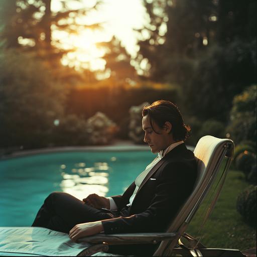 medium length of A sad man in his 20s wearing a tuxedo with a loose collar isitting on a deck chair next to a beautiful, luxurious swimming pool. Impeccably maintained garden and luxurious english mansion in the background. Sunset shines through the trees. Shot on 35mm. Beautiful colors. bright colors. Crisp. Somber. --v 6.0