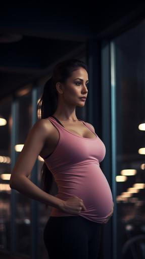 medium shot of pregnant woman, big belly, wearing pink gym clothes, in a city modern gym, dark atmosphere with pink soft led lights, brunette, dark eyes, pixie modern hair, hipster and modern style, nose piercing, shot in 2023 in the style of Vivian Maier. candid::3 30mm lens, shot in 2023. candid, minimalism, moody, modern, cinematic realism, Eye Level Shot, shot with hasselblad 30mm, Kodak Ektar 100::1 , --ar 9:16