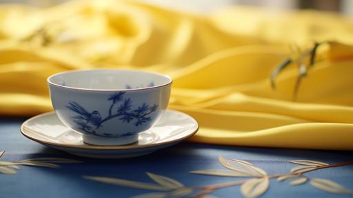Close-up of a japanese blue teacup, yellow silk tablecloth with cranes. Film still, rule-of-thirds, global illumination, natural light, f/2.4, --ar 16:9