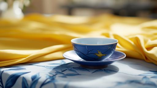 Close-up of a japanese blue teacup, yellow silk tablecloth with cranes. Film still, rule-of-thirds, global illumination, natural light, f/2.4, --ar 16:9