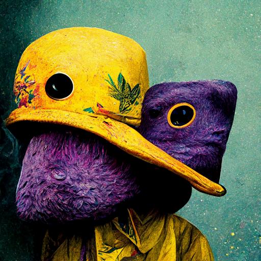 meeting a purple duck who has a yellow bucket hat on while smoking a joint