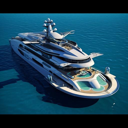 mega yacht, futuristic design, sharp edges, with a pool and helicopter pad. Over 200 feet long. Photorealistic. Hyper detailed. Dynamic view angle