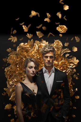 portrait of a man and a woman in one figure, gold flowers, with a suit