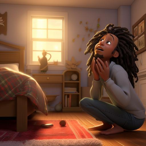 3d cartoon black man with dreads praying to hi mom in heaven in his bedroom.