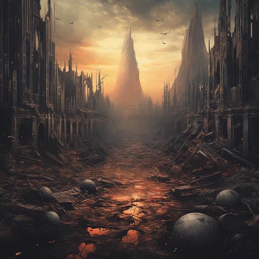 melodic death metal album artwork, city ruins devided worlds from massive earth quake creates split, dramatic cityscape, environment, vivid hues, haunting beauty, 4k