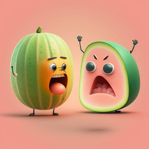 melon drama animated light hearted with two characters one is a cantelope yelling and one is a watermelon crying