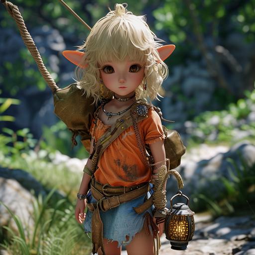 In the game Black Desert Online, the character Shai is exploring the jungle terrain. exploring the jungle terrain. The fair-skinned, large-eyed elfin girl, about 5 to 7 years old, was described as a carries a large wooden boomerang on her back that's taller than she is. A small, bell-shaped lantern hangs from a belt around her waist, and her hair is blond, slightly curly, and tied back. She has an inquisitive look on her face. She's wearing an orange short-sleeved tee that's a little loose. with dirt all over it. She is wearing blue shorts. and her shoes are brown flip-flops for easy movement in the jungle. --v 6.0