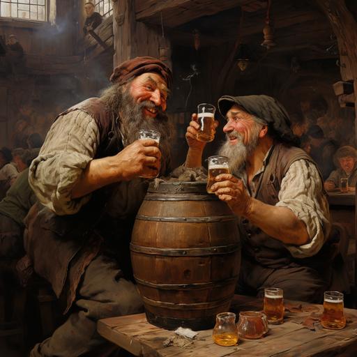 men drinking from big jugs of beer at pub
