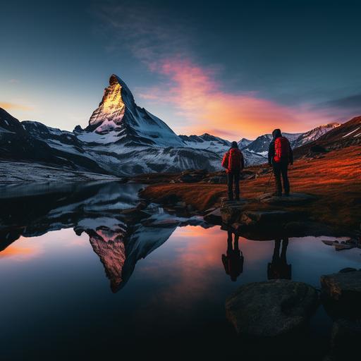 men stand in Lake Stellisee to see Matterhorn sunrise