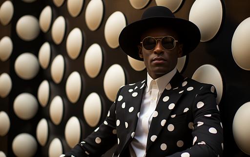 men wearing large black and white anachronistic polka dots, is the new trend on the streets of Milan Italy, fashion scene, fashion photography --s 750 --ar 16:10